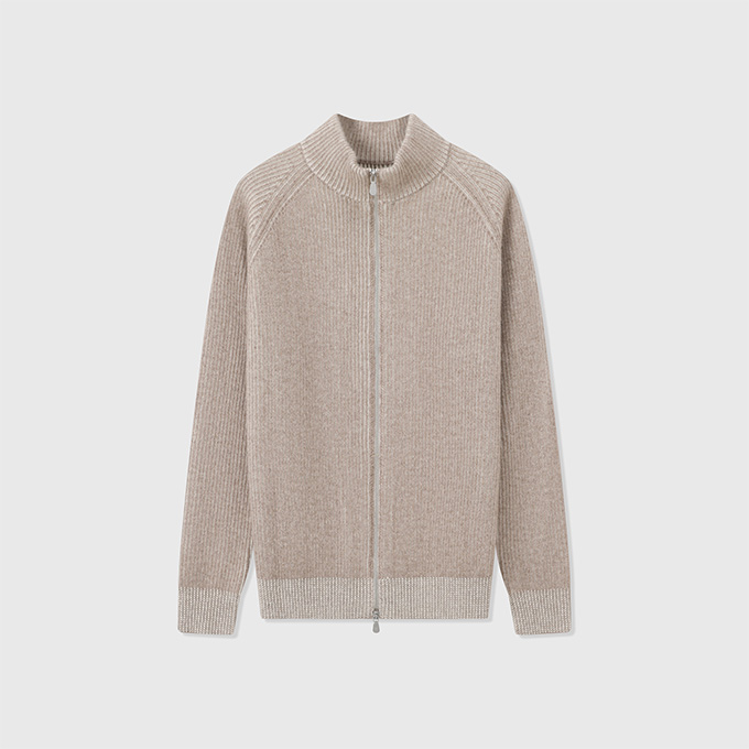 brunello cucinelli double yarn ribbed stand collar full zip wool cardigan
